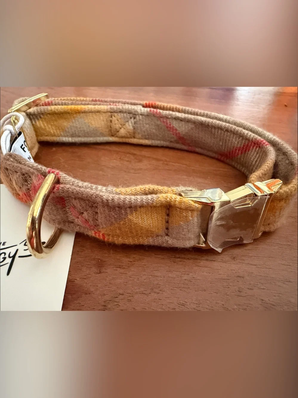 The Foggy Dog Beige Plaid Dog Collar with Gold Hardware